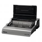 This picture shows a sleek, electric comb binding machine from Fellowes. It has a silver and black design, with a clear display screen and various buttons and dials. The machine is compact and appears to be high-quality.