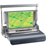 The photograph depicts a Fellowes Quasar Manual Wire Binding Machine in action. Its sleek silver body and sturdy construction are visible as it binds papers with precision. The simple controls and wire binding capabilities make it a convenient choice for any office or classroom setting.