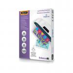 This picture shows a pack of 100 Fellowes laminating pouches in A4 size. The pouches have a total thickness of 160 microns and come in a glossy finish. They are perfect for protecting your important documents and giving them a professional look.