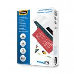 This photo shows a pack of 100 Fellowes Protect175 laminating pouches in A4 size, with a total thickness of 350 microns and a glossy finish. Each pouch is designed by Fellowes for high-quality lamination and protection of important documents.