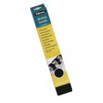 In the picture, a pack of 100 Fellowes A4 Plastic Binding Combs in black can be seen. Each comb is 16mm thick and has the Fellowes logo imprinted on it. The combs are neatly stacked and ready to be used for binding documents and presentations.