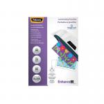 The photo shows a pack of 25 Fellowes Laminating Pouches, specifically the Enhance Laminating Pouch in A4 size with a total thickness of 160 microns. The glossy finish adds a professional touch and ensures protection for laminated documents.