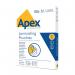 The image shows a pack of 100 clear Fellowes Apex A4 Light Laminating Pouches with a glossy finish. The pouches are designed for laminating documents and are the standard A4 size. The packaging is labeled with the brand name Apex and the product number 6003201. The pouches are neatly stacked and ready for use.