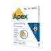 The photo shows a pack of 100 Fellowes Apex A4 laminating pouches, with a clear finish. The pouches are designed for easy laminating and protection of important documents. They have a professional, high-quality look and feel.