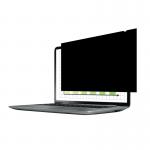 This image is a sleek, black monitor privacy filter from Fellowes. It is designed for widescreen displays measuring 15.6 inches, and it is labeled with the Fellowes logo. The filter provides added privacy and helps reduce glare and blue light.