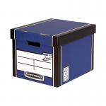 The photograph shows a stack of ten blue and white Bankers Box Premium Presto Storage Boxes The boxes are labeled with the Bankers Box and Fellowes branding