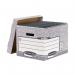 The picture shows a stack of grey Bankers Box storage boxes, each with the words Bankers Box written in bold white letters. The boxes have standard dimensions and come in a pack of 10.