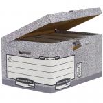 The photo shows 10 grey Bankers Box storage boxes from Fellowes with a flip top system. The boxes are neatly stacked and labeled with the companys logo. Perfect for organizing and storing important documents in an office setting.