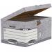 The photo shows 10 grey Bankers Box storage boxes from Fellowes with a flip top system. The boxes are neatly stacked and labeled with the companys logo. Perfect for organizing and storing important documents in an office setting.