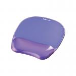 This photograph shows a vibrant purple Fellowes Crystals Gel Mouse Pad from the Fellowes brand. The mouse pad features a sleek design and is perfectly sized for comfortable use with any computer mouse.