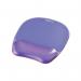 This photograph shows a vibrant purple Fellowes Crystals Gel Mouse Pad from the Fellowes brand. The mouse pad features a sleek design and is perfectly sized for comfortable use with any computer mouse.