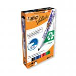The photograph features Bic Velleda 1701 Whiteboard Marker pens in assorted colors, packaged in a pack of four. The pens have a sleek and modern design with a white barrel and cap. The tips are fine and precise, perfect for whiteboard use. The colors are vibrant and highly pigmented, making them stand out on any whiteboard surface. The pack is labeled with the Bic logo and product name.