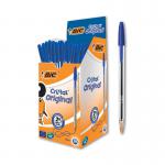 The image shows a pack of 50 Bic Cristal Ballpoint Pens in a vibrant shade of medium blue. The pens feature a classic Bic design, with a clear plastic casing and a round ballpoint tip. The pack is neatly organized, with all 50 pens lined up in a row. Each pen is ready to use, with a smooth glide and consistent ink flow. This pack is perfect for a variety of writing tasks, both at home and in the office.