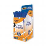 In the picture, there are 50 Bic Cristal Ballpoint Pens, each with a medium blue ink. The pens have a simple and sleek design, with the iconic Bic logo on the side. They are neatly packaged in a transparent pack, ready to be used for writing.