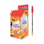 The image displays a pack of 50 Bic Cristal Ballpoint Pens in a bold red color. Each pen has a medium tip and is the famous Bic brand. The pens are neatly packaged in a clear case, making it easy to see the quantity and color of each pen. The design is simple yet eye-catching, with the iconic Bic logo prominently displayed on each pen.