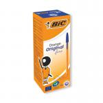 The image shows a pack of 20 Bic Ballpoint Pens, with a bright orange body and a fine tip in blue. The pens are neatly arranged in rows and ready to be used for writing.