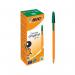 The picture shows a pack of 20 Bic Orange Fine Ballpoint Pens in green. The pens have a classic ballpoint design with a sleek, orange barrel and a fine tip. The packaging is simple and minimalistic, making it easy to identify and store the pens.