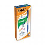 This image shows a pack of 12 blue Bic Atlantis ballpoint pens. Each pen has a medium point and is designed with the iconic Bic logo. The pens are neatly arranged in a row, ready to be used for all of your writing needs.