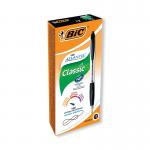 The image shows a pack of 12 Bic Atlantis ballpoint pens in black. The pens have a medium point and are from the Bic brand. Each pen has a sleek design and a comfortable grip, making them perfect for everyday use. The ink flows smoothly, producing clean and precise lines.