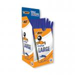 The photograph shows a pack of 50 Bic Ballpoint Pens, specifically the Bic Cristal Large Ballpoint Pen in blue with a 1.6mm tip. The pens are neatly organized and ready to use, with their classic clear design and contrasting blue caps. The pack is perfect for stocking up on reliable and smooth-writing pens.
