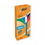 This image showcases a pack of 12 Bic 4 Colours Retractable Ballpoint Pens in blue, black, red, and green. The pens are arranged neatly with the brand logo visible on each one. The sleek design and retractable feature make them convenient for everyday use.