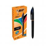 The image shows a pack of Bic Ballpoint Pens, specifically the Bic 4 Colours Pro Retractable model. The pens are retractable and come in a pack of 12. The pens are branded with the Bic logo and have a sleek design with a comfortable grip. Each pen has four different colors - black, blue, red, and green - and the ink is visible through the clear barrel. The pens have a smooth and consistent writing flow and are suitable for various writing tasks.