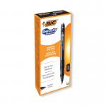 This photograph showcases a pack of 12 black Bic Gel Rollerball Pens, known as Bic Gel-ocity Original Gel Pens. The pens have a sleek and modern design, with smooth and precise ink flow. The packaging is minimalistic and displays the brand name in bold font.