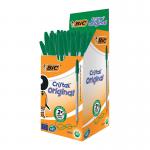 The photo shows a pack of 50 Bic Cristal Ballpoint Pens in a vibrant green color. Each pen has a sleek design with a comfortable grip, making it easy to write for extended periods of time. The pens feature a medium tip for smooth, neat lines and a Bic logo can be seen on the side. The pens are neatly packed in a clear plastic case, making them easy to store and transport. These reliable Bic Ballpoint Pens are a must-have for any writing needs.