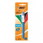 In the photograph, there are ten Bic 4 Colours retractable ballpoint pens. Each pen has a sleek and classic design with a black, blue, red, and green color option. The pens have a sturdy clip and a retractable tip for easy use. The packaging features the Bic logo and product name clearly displayed. The pens are arranged neatly in a row, showcasing their vibrant colors.