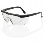The picture shows a pair of clear safety spectacles with the brand name Beeswift Anti-Mist and Anti-Fog Kansas emblazoned on the side. These glasses are designed to prevent mist and fog from obstructing vision, making them ideal for use in various work environments. The sleek design and transparent lenses make them both functional and stylish.