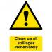 This image shows a bright yellow industrial safety sign with bold black lettering. The sign reads Clean Up All Spillages Immediately and features the company name Beeswift and the brand B-Safe. The sign also includes the word Spectrum and a graphic of a cleaning cloth and dripping liquid. This sign is designed for use in industrial settings to promote safety and cleanliness.