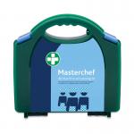 The Reliance Medical First Aid Masterchef 10 Person All Blue Catering Kit in Aura Box Green measures 500x250x460mm and boasts a variety of essential medical supplies. The kit features a bright green color and includes bandages, gauze, and other first aid items.