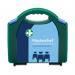 The Reliance Medical First Aid Masterchef 10 Person All Blue Catering Kit in Aura Box Green measures 500x250x460mm and boasts a variety of essential medical supplies. The kit features a bright green color and includes bandages, gauze, and other first aid items.