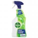 A photo of Reckitt Benckiser Group plc Cleaning Chemicals & Accessories Dettol Mould & Mildew Remover 750ml 16DTMM shows a sleek blue spray bottle with the Dettol logo. The label states Mould & Mildew Remover and the size in ml. The bottle is sitting on a clean white surface.