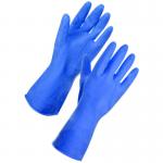 A pair of large blue rubber gloves, with a classic and elegant design. The gloves have a Blake & White trade-specific brand logo on the wrist, indicating their quality and durability. Perfect for household cleaning and other tasks.