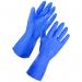 The image shows a pair of blue extra large rubber gloves with the brand name Blake & White Trade Specific Gloves written on the cuff. The gloves are designed for household cleaning and feature a textured grip for better handling.