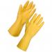 The photo shows a medium-sized pair of yellow household rubber gloves from Polyco Healthline. The gloves are branded as Trade Specific Gloves Purely Class and are designed for household cleaning tasks. The gloves have a textured surface for better grip and are packaged in a clear plastic wrap.