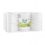 This photo features 12 packs of Blake & White Jumbo Toilet Rolls, each containing 2ply Mini Jumbo rolls with a length of 150m. The rolls are in their pure white color and are neatly stacked next to each other, creating a clean and organized look. The packaging is simple yet eye-catching, with the brands logo prominently displayed. These toilet rolls are perfect for any commercial or industrial setting.