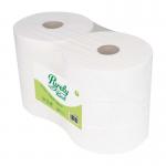 The picture shows 6 white and black jumbo toilet rolls with the label Purely Kind and 2ply on them. Each roll has a length of 350m. The packaging is labeled with the brand name Blake & White and product code PK1140.