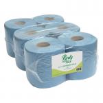 A photo of Blake & White Hand Towel Rolls Purely Kind Centrefeed Rolls shows six vibrant blue rolls stacked on top of each other. The rolls are made of 2ply paper and are 100m in length. The packaging has a PK1211 label on it.