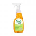 This photo captures the sleek and modern design of the Blake & White Multipurpose Cleaner Purely Kind Orange Multi Surface Cleaner 750ml Trigger PK2100. The bright orange, white, and black labeling stands out against the clear bottle, showcasing the clarity of the product within. The trigger sprayer is prominently displayed, ready for use on a variety of surfaces.