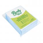 In the image, a pack of 25 eco-friendly multipurpose wiping cloths can be seen. The cloths are pure white with a blue trim, and are made of gentle materials. The packaging features a logo for Blake & White Cloths and Wipes, hinting at the brand of the product.