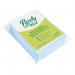 In the image, a pack of 25 eco-friendly multipurpose wiping cloths can be seen. The cloths are pure white with a blue trim, and are made of gentle materials. The packaging features a logo for Blake & White Cloths and Wipes, hinting at the brand of the product.