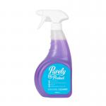 The photograph shows a 750ml trigger bottle of Blake & White Disinfectant Purely Protect Bactericidal-Virucidal Cleaner. The bottle is made of clear plastic and has a white label with the product name and logo. The sprayer is attached to the top of the bottle and is in the on position, ready to dispense cleaner. The liquid inside is a clear, colorless solution.