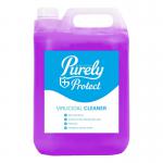 This picture shows a 5L bottle of Blake & White Disinfectant Purely Protect Bactericidal-Virucidal Cleaner concentrate. The label prominently displays the brand name and product name, with an image of a laboratory flask and droplets to convey its powerful disinfecting properties. The bottle is clear, allowing the yellow liquid inside to be seen, and a white cap seals the top. The background is a light blue color, with minimal text providing instructions and features.