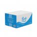 The photo displays stacks of green 1-ply hand towels with a V fold. The towels are made by Blake & White and come in a case of 3600. The towels have a purely smile design and look soft and absorbent.