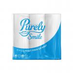 The picture shows a pack of 36 toilet rolls, with each roll having a 2-ply design and 320 sheets. The packaging features a combination of black and white colors with the brand name Purely Smile printed in bold letters. The packs are stacked in a 9 x 4 formation, with a total weight of 1121 grams.