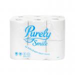 The picture of Blake & White Toilet Paper and Tissues Purely Smile 3ply FSC Certified Toilet Roll Pack of 12 x 9 shows a stack of 12 packs of 9 toilet rolls each. The rolls are made of high-quality white tissue and have the FSC certification logo on them. The packaging features a bright and colorful Purely Smile label.