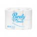 The picture of Blake & White Toilet Paper and Tissues Purely Smile 3ply FSC Certified Toilet Roll Pack of 12 x 9 shows a stack of 12 packs of 9 toilet rolls each. The rolls are made of high-quality white tissue and have the FSC certification logo on them. The packaging features a bright and colorful Purely Smile label.