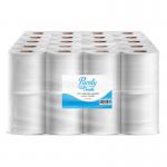 In the photo, there is a pack of 40 luxurious 3-ply toilet rolls and tissues from Robert Scott. The packaging features a Purely Smile design and the rolls have a soft, comfortable texture. Perfect for any bathroom.